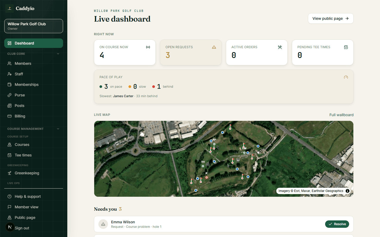 Club admin live dashboard: on-course count, pace of play and a live satellite map of players' GPS positions on the course