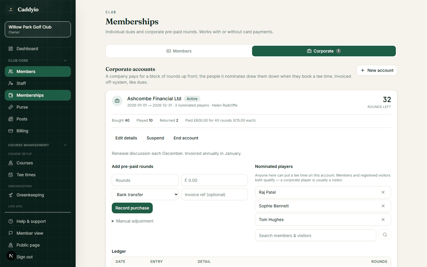 A corporate account: 32 rounds left of 40 bought, 10 played and 2 returned, what the company paid per round, its nominated players and the form to record another purchase
