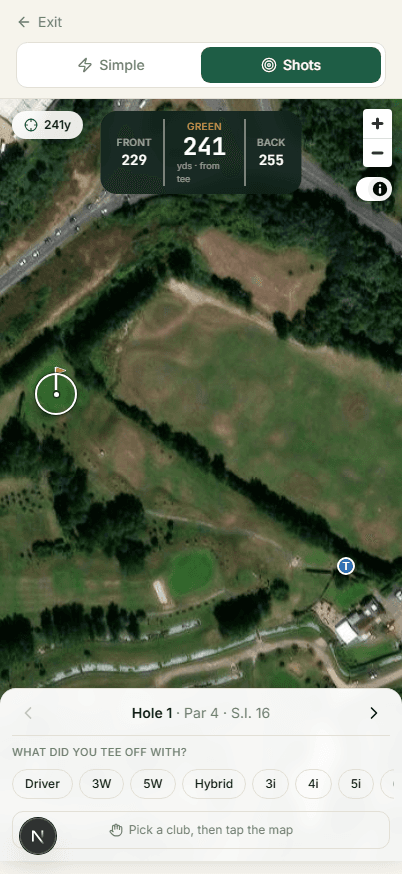 Per-shot GPS on a satellite map of the hole, with distances to the green and a draggable target