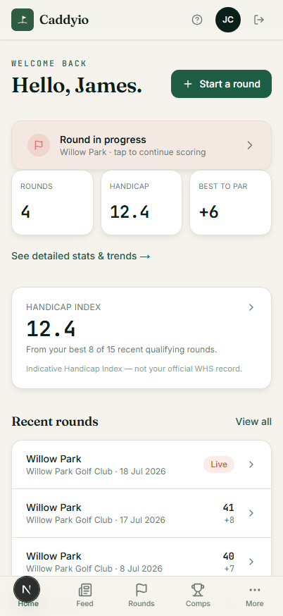 The member app home screen: upcoming tee time, recent rounds and quick actions