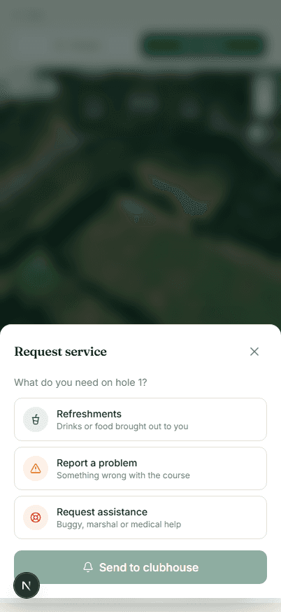 The on-course service screen: order refreshments, report a problem or call for assistance from the current hole