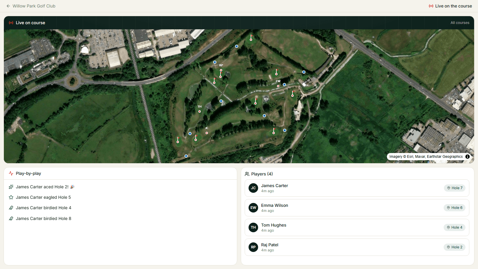 Live clubhouse wallboard showing players moving on a satellite map of the course, with a play-by-play feed and player list